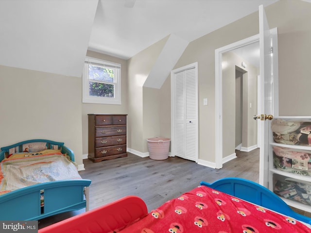 bedroom featuring hardwood / wood-style flooring, vaulted ceiling, and a closet