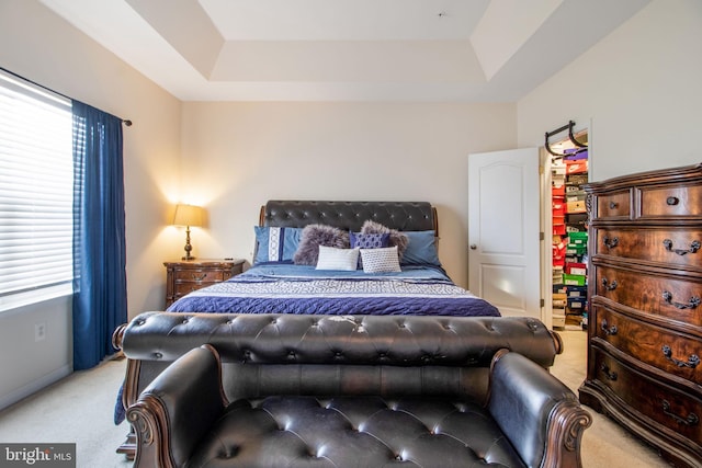 bedroom with light carpet and a tray ceiling