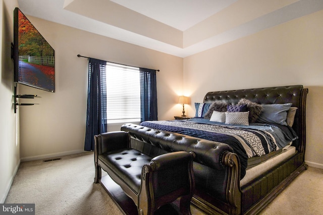 carpeted bedroom with a raised ceiling