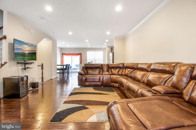 living room with crown molding and dark wood-type flooring