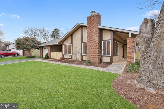 view of property exterior with a garage and a yard