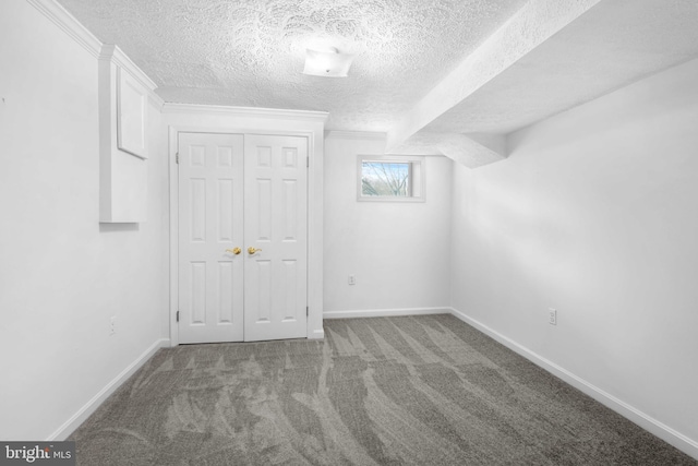 additional living space featuring carpet flooring and a textured ceiling