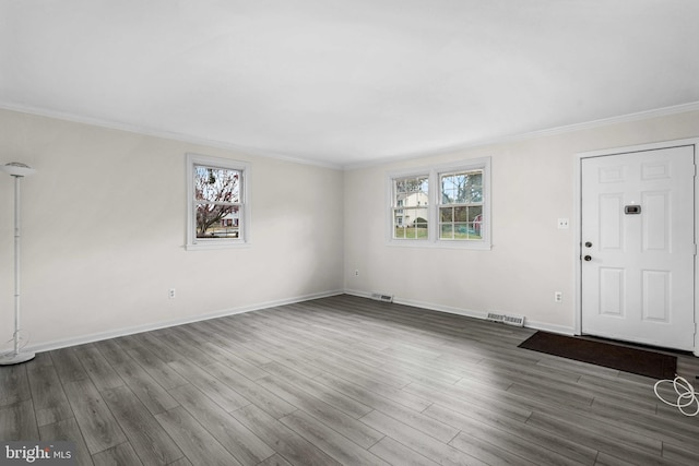 foyer entrance with wood-type flooring, a wealth of natural light, and crown molding