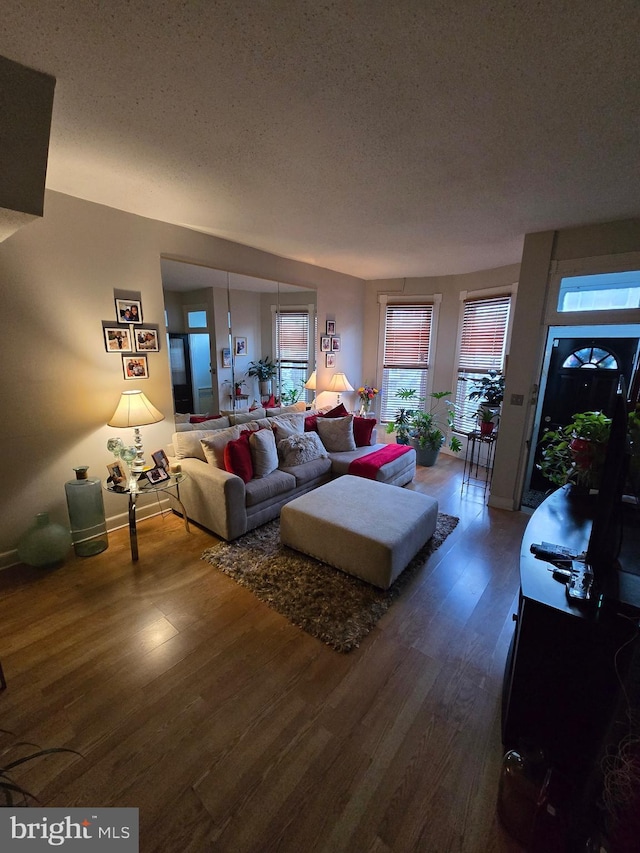 living room with dark hardwood / wood-style flooring and a textured ceiling