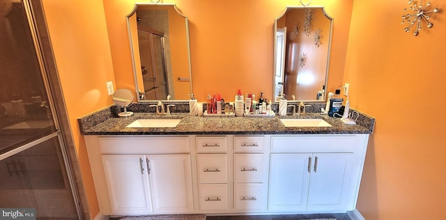 bathroom with vanity and a shower with shower door