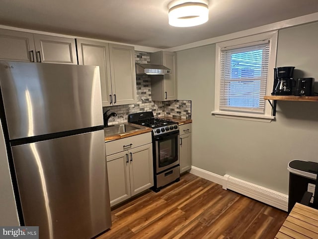 kitchen featuring dark wood-type flooring, sink, decorative backsplash, appliances with stainless steel finishes, and a baseboard radiator