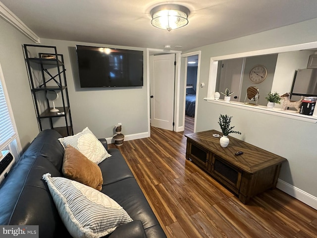 living room featuring crown molding and dark wood-type flooring