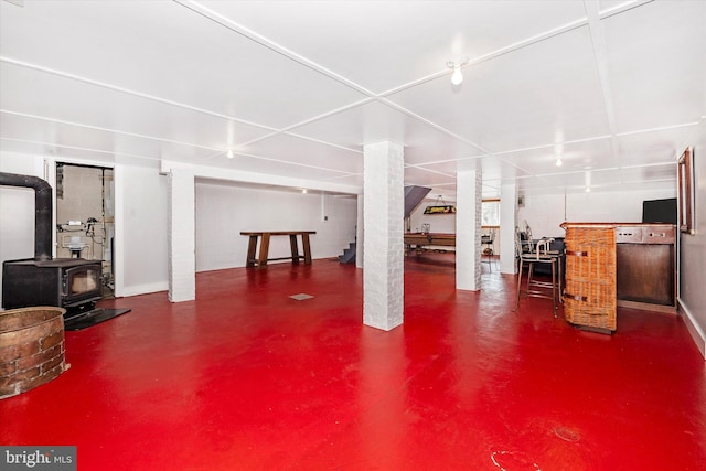 basement with a wood stove