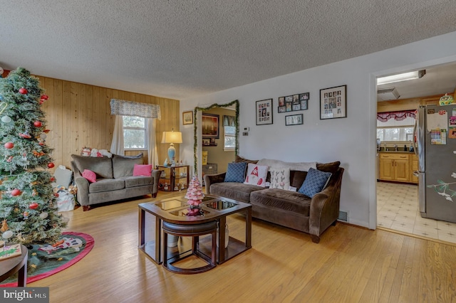 living room featuring wood walls, light hardwood / wood-style floors, and a textured ceiling