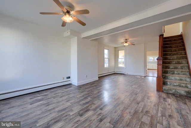 unfurnished living room featuring hardwood / wood-style flooring, ceiling fan, and baseboard heating