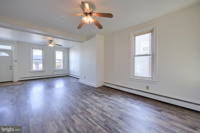 interior space with dark hardwood / wood-style flooring, a baseboard radiator, and ceiling fan