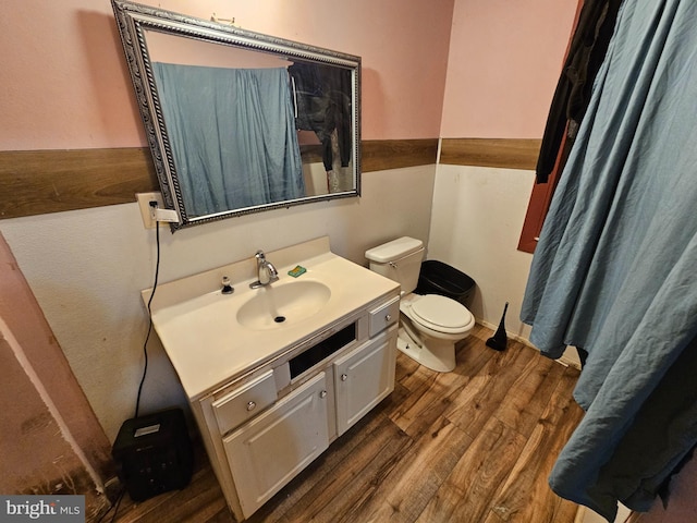 bathroom with hardwood / wood-style floors, vanity, and toilet