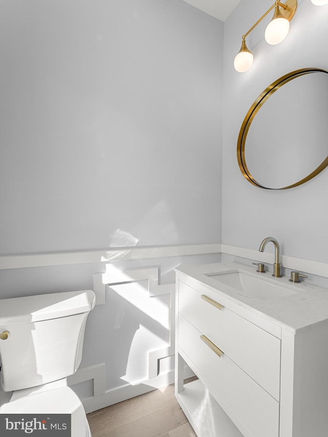 bathroom featuring vanity, toilet, and wood-type flooring