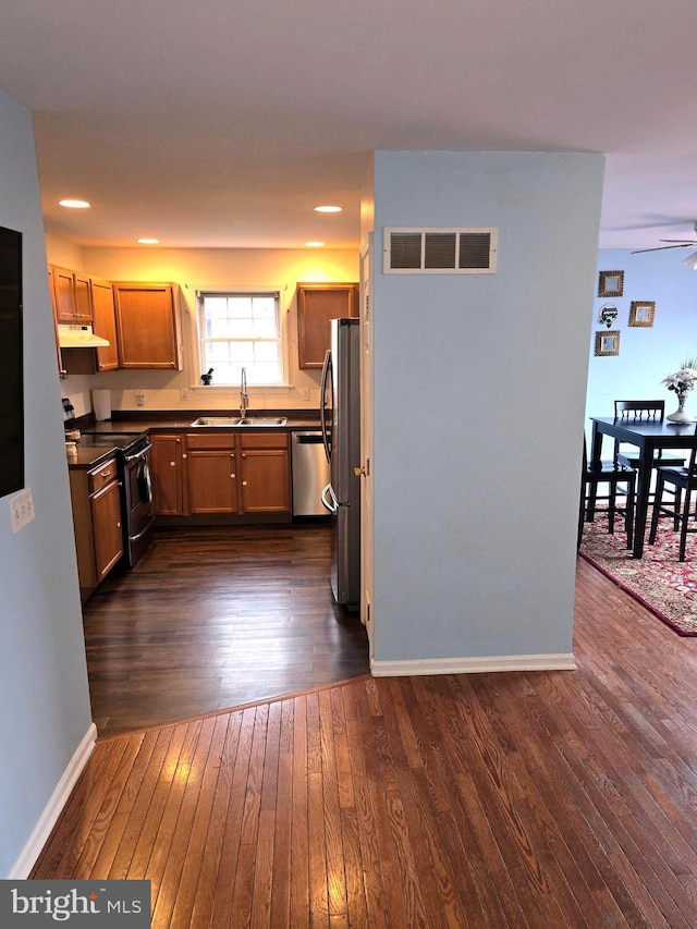 kitchen featuring dark hardwood / wood-style flooring, stainless steel appliances, ceiling fan, and sink