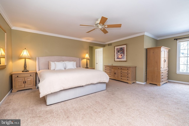 bedroom with light carpet, ceiling fan, and ornamental molding