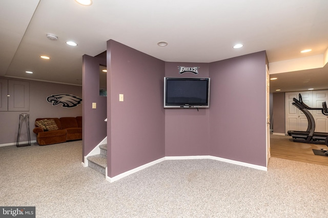 workout room featuring carpet floors