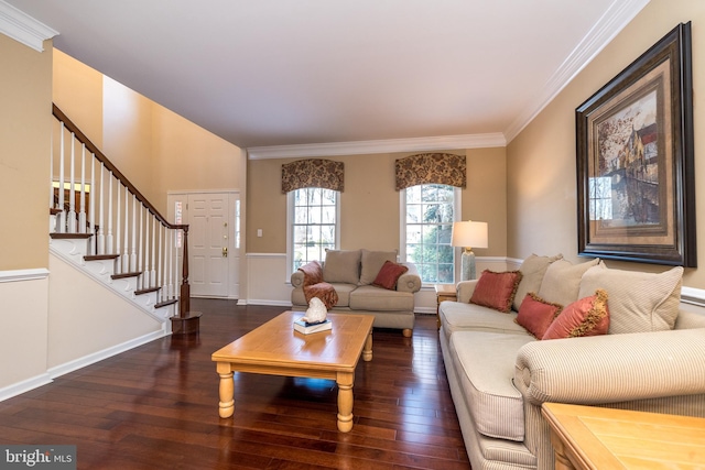 living room with dark hardwood / wood-style flooring and crown molding