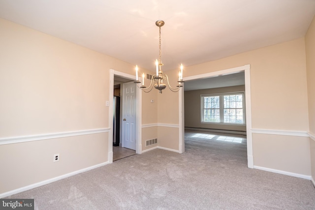 unfurnished dining area featuring carpet, a baseboard heating unit, and a notable chandelier