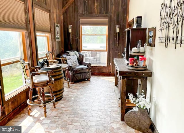 sitting room featuring plenty of natural light and wooden walls