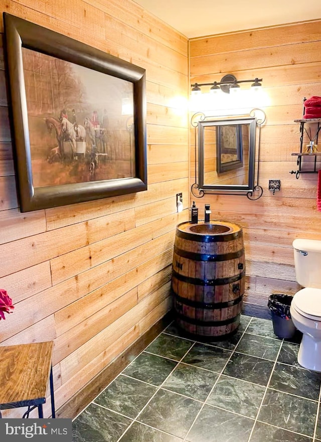 bathroom with vanity, wood walls, and toilet