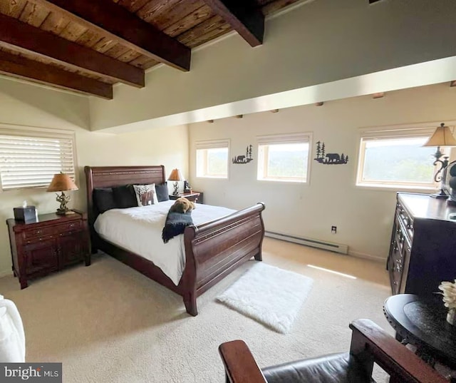 carpeted bedroom featuring beamed ceiling, wood ceiling, multiple windows, and a baseboard radiator