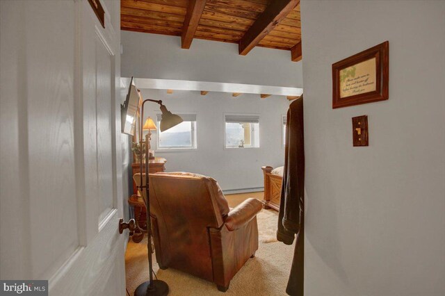 carpeted cinema with vaulted ceiling with beams, wooden ceiling, and a baseboard radiator