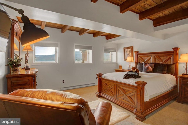 carpeted bedroom with beamed ceiling, multiple windows, a baseboard heating unit, and wood ceiling