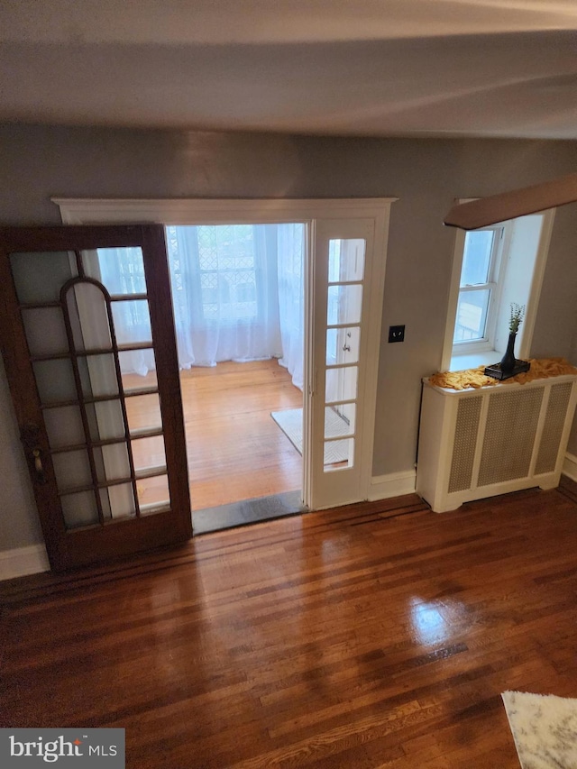 entryway with radiator heating unit, dark hardwood / wood-style flooring, and plenty of natural light