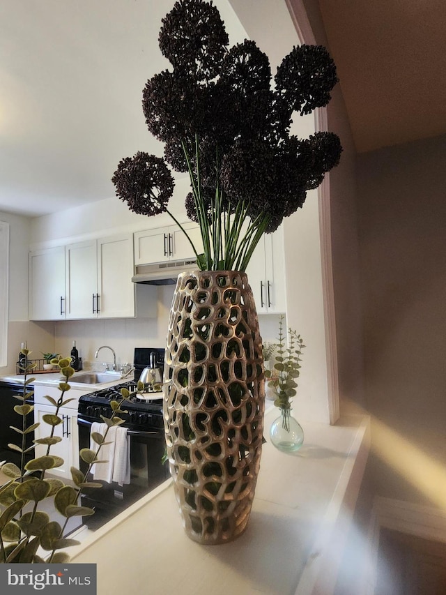 interior details featuring white cabinetry, sink, and black range with gas cooktop