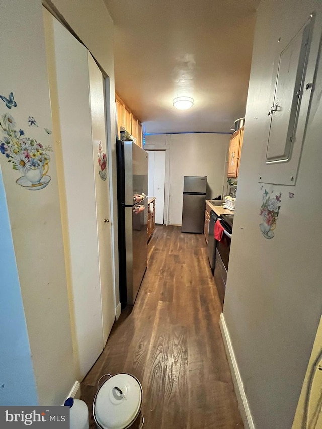 hall with electric panel and dark wood-type flooring