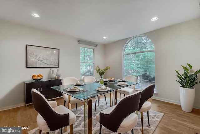 dining space with light hardwood / wood-style floors