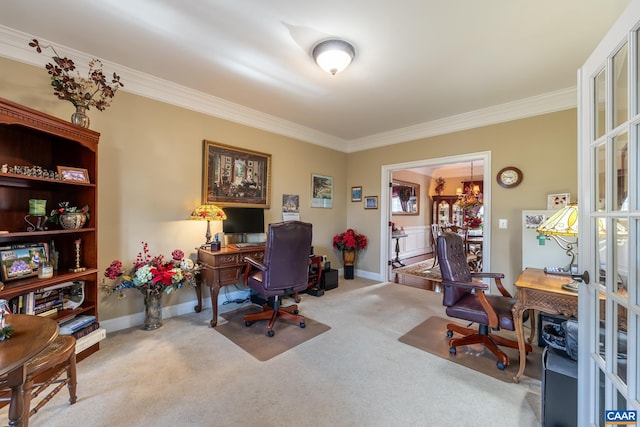 office area featuring carpet and crown molding