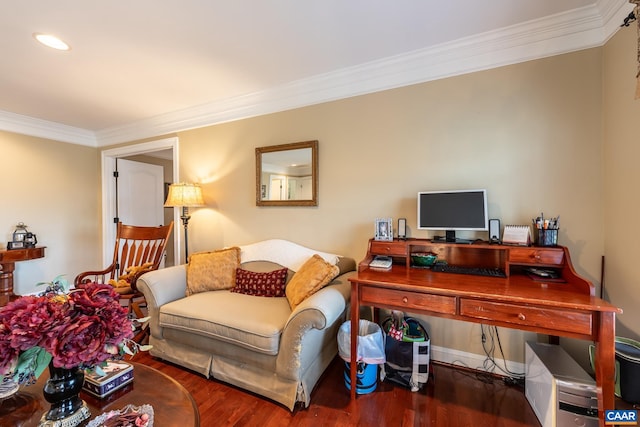 living room featuring crown molding and dark wood-type flooring