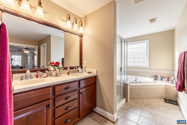 bathroom featuring separate shower and tub, ceiling fan, tile patterned flooring, and vanity