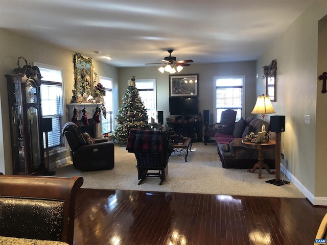 living room with ceiling fan and hardwood / wood-style floors