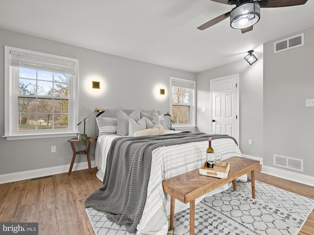 bedroom featuring ceiling fan and light hardwood / wood-style floors