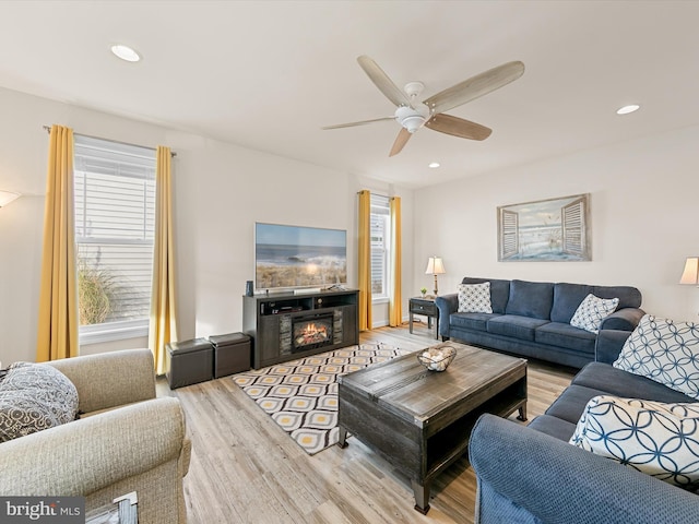 living room with ceiling fan and light hardwood / wood-style floors