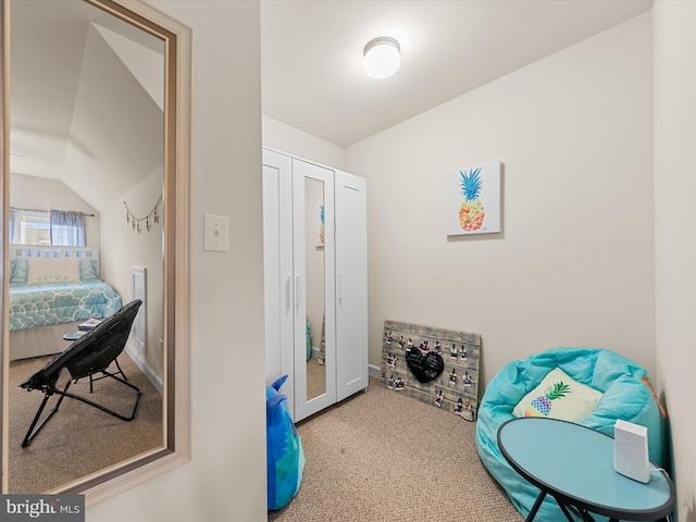 rec room with carpet flooring and lofted ceiling