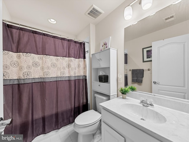 bathroom featuring tile patterned flooring, vanity, toilet, and a shower with shower curtain