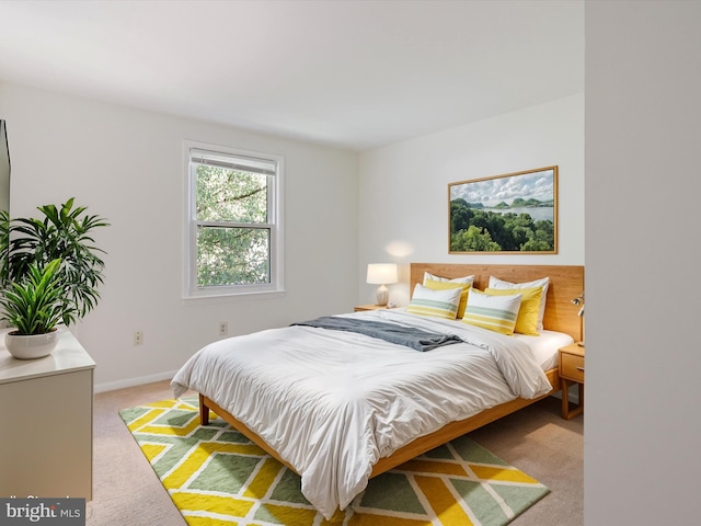 bedroom with light colored carpet