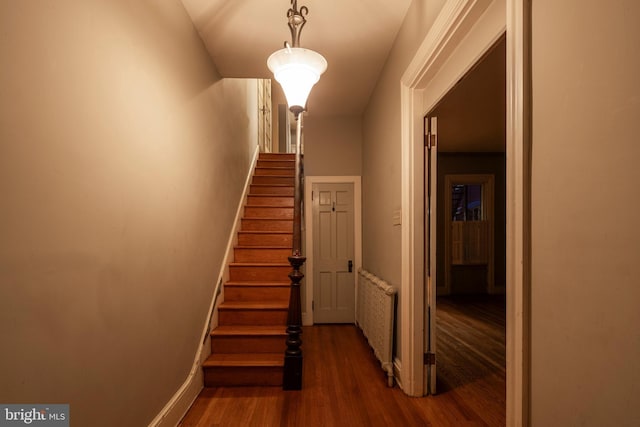 staircase with radiator heating unit and hardwood / wood-style flooring