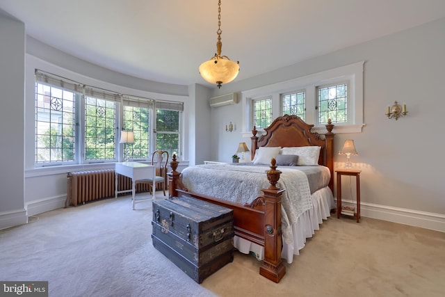 bedroom with an AC wall unit, multiple windows, radiator heating unit, and light colored carpet