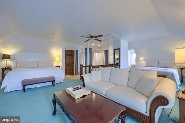 carpeted bedroom featuring ceiling fan