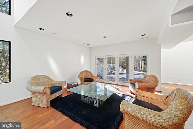 living room featuring hardwood / wood-style flooring, plenty of natural light, and french doors