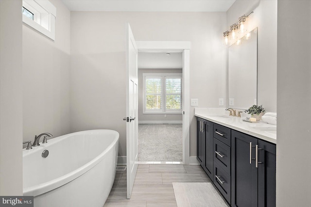 bathroom with vanity and a washtub