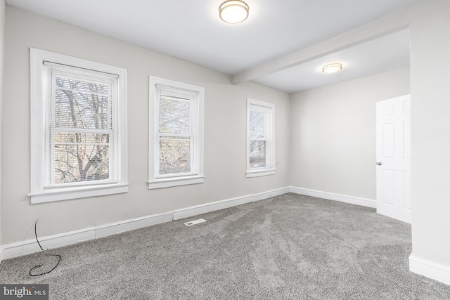 spare room featuring carpet and beam ceiling