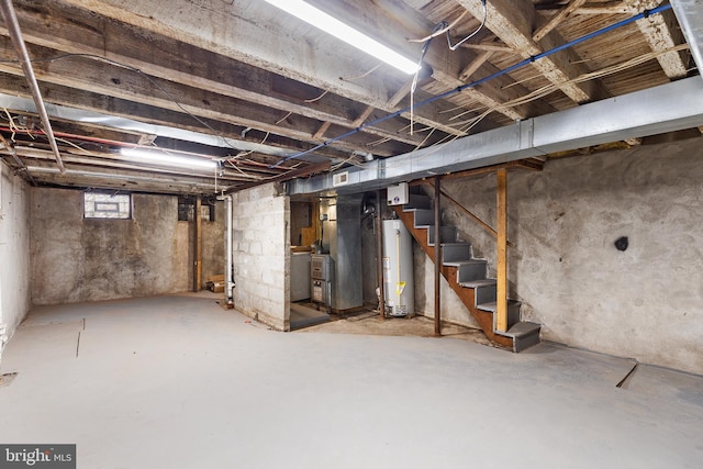 basement with heating unit and gas water heater