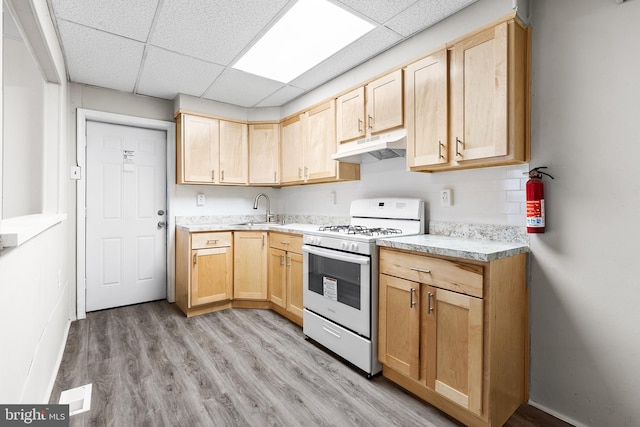 kitchen with light brown cabinetry, light wood-type flooring, white gas range oven, a drop ceiling, and sink