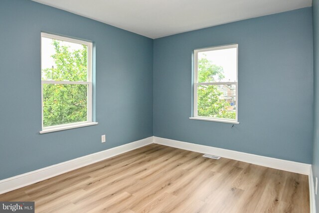 spare room featuring baseboards, plenty of natural light, and wood finished floors