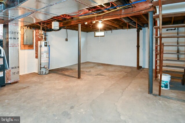 unfinished basement featuring water heater and electric panel